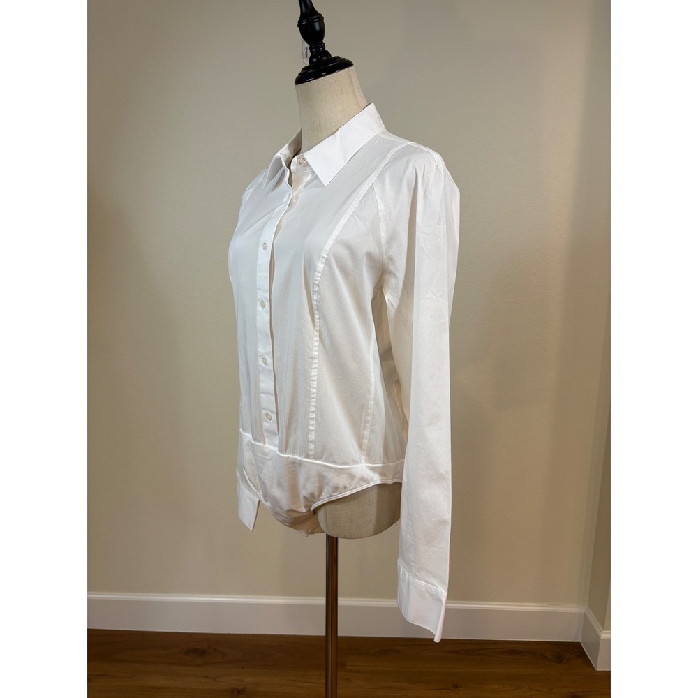 Donna Karan Bodysuit L White Button Down Long Sleeve Collard Minimalist Luxury - Picture 4 of 8